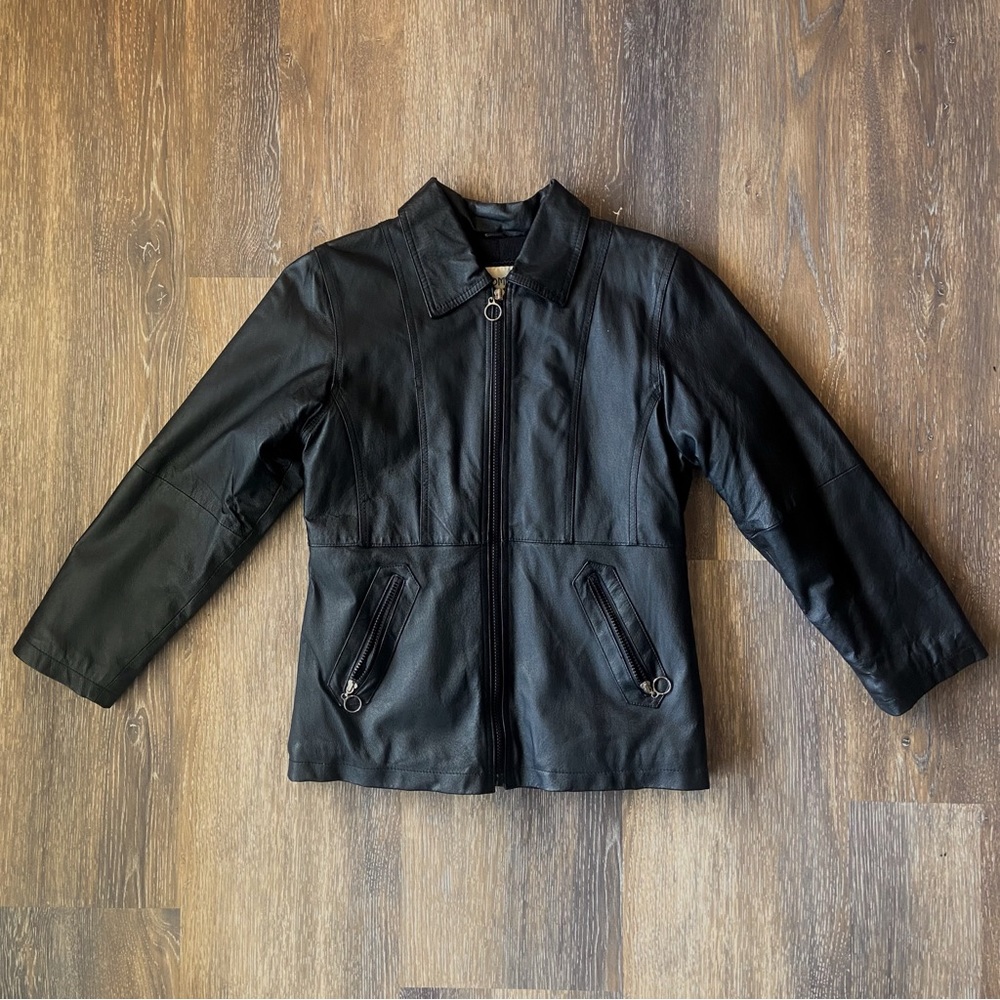 Vintage 80s COMINT black leather coat